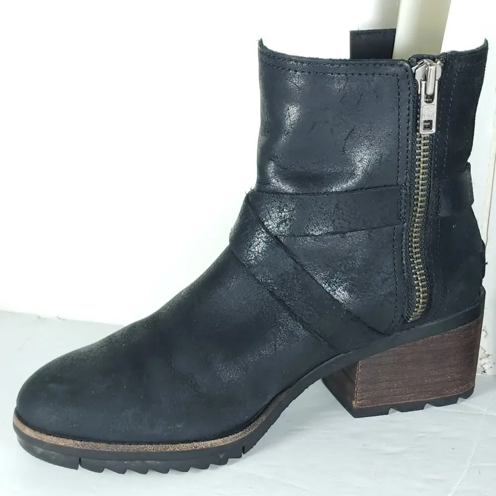 Sorel Women’s Cate US7 Black Leather Waterproof Side Zip Strappy Ankle Boots